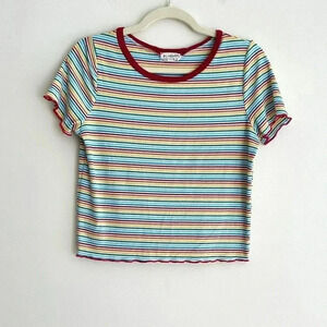 #LOVEWINS Rainbow Striped Ribbed Tee with Lettuce Hem, Pride Crop Top-Size Large
